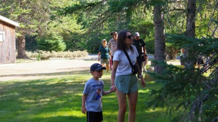 Parent holding kid by hand and looking at something