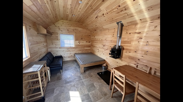 The inside of a tiny cabin in Gros Morne National Park