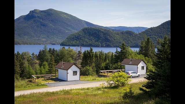 View of the two tiny cabins overlooking Lomond in Gros Morne National Park