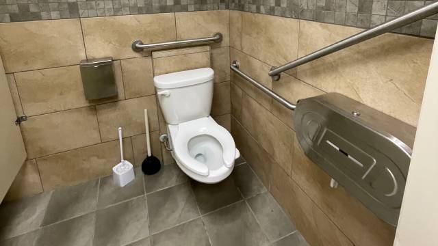 A bathroom with a toilet and grab bars.