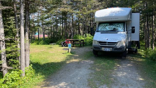 RV parked on a forested campsite with a picnic table.