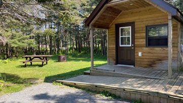 A small cabin in the woods with a picnic table and fireplace.