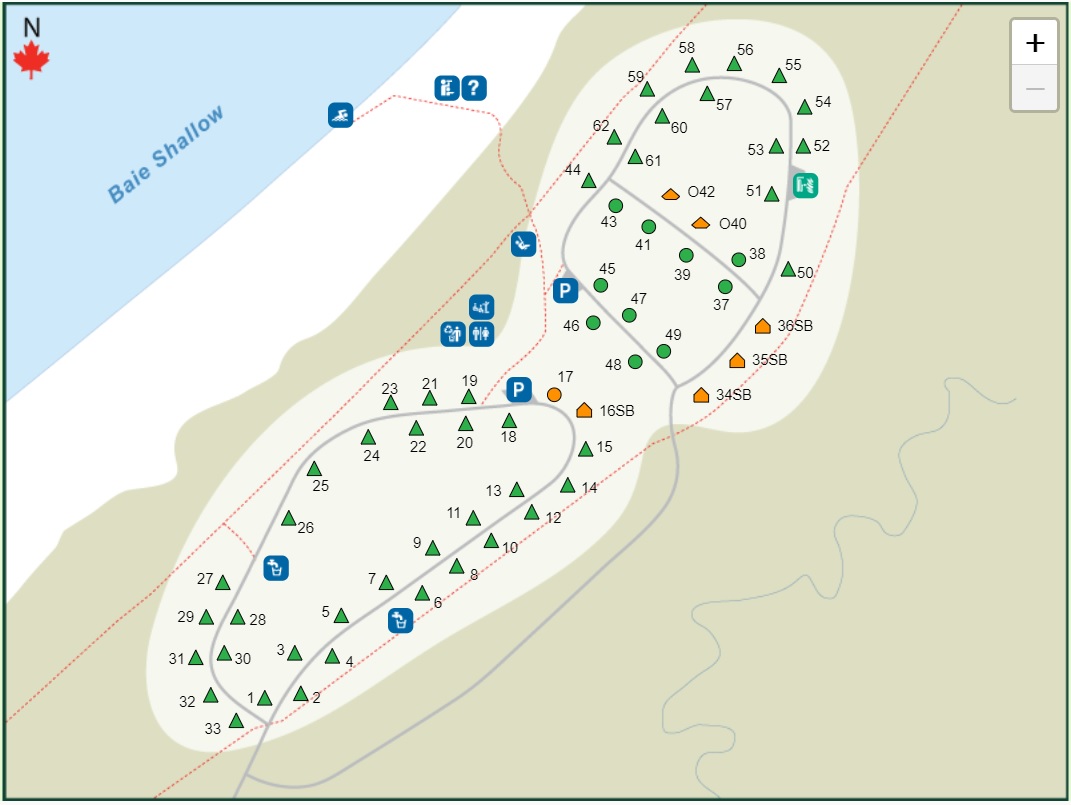 Carte de terrain de camping de Shallow Bay.
