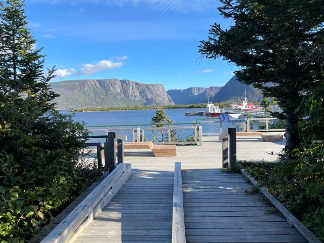 A wooden walkway leading to a view of a lake and mountains.