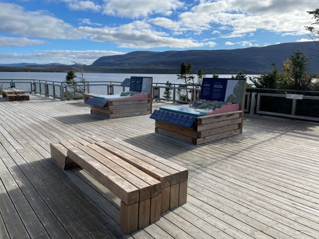 Wooden benches and outdoor exhibits.