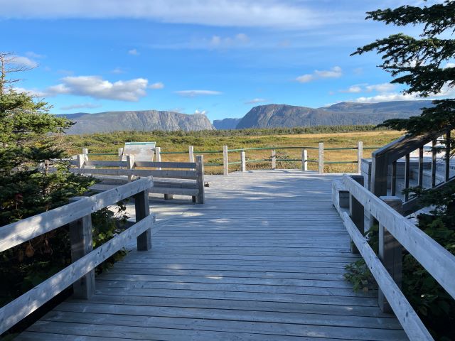 A large wooden deck looking across a landscape of bogs, forests, and mountains.