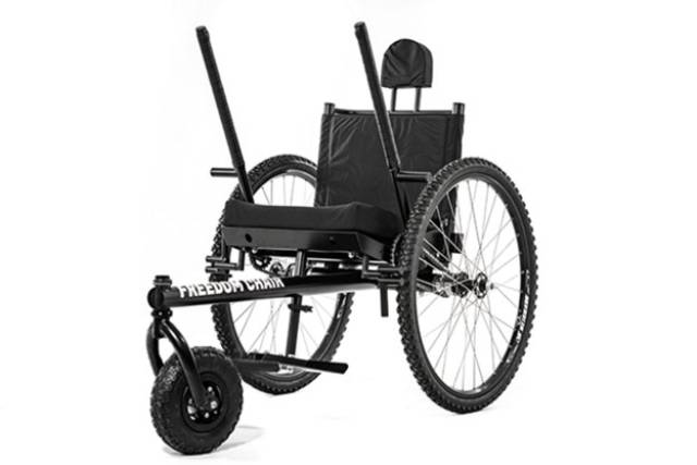 A wheelchair with hand levers.