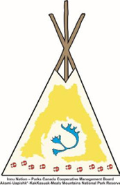 Logo featuring a teepee outline with crossed poles, a yellow mountain shape, and a blue caribou silhouette at the centre.