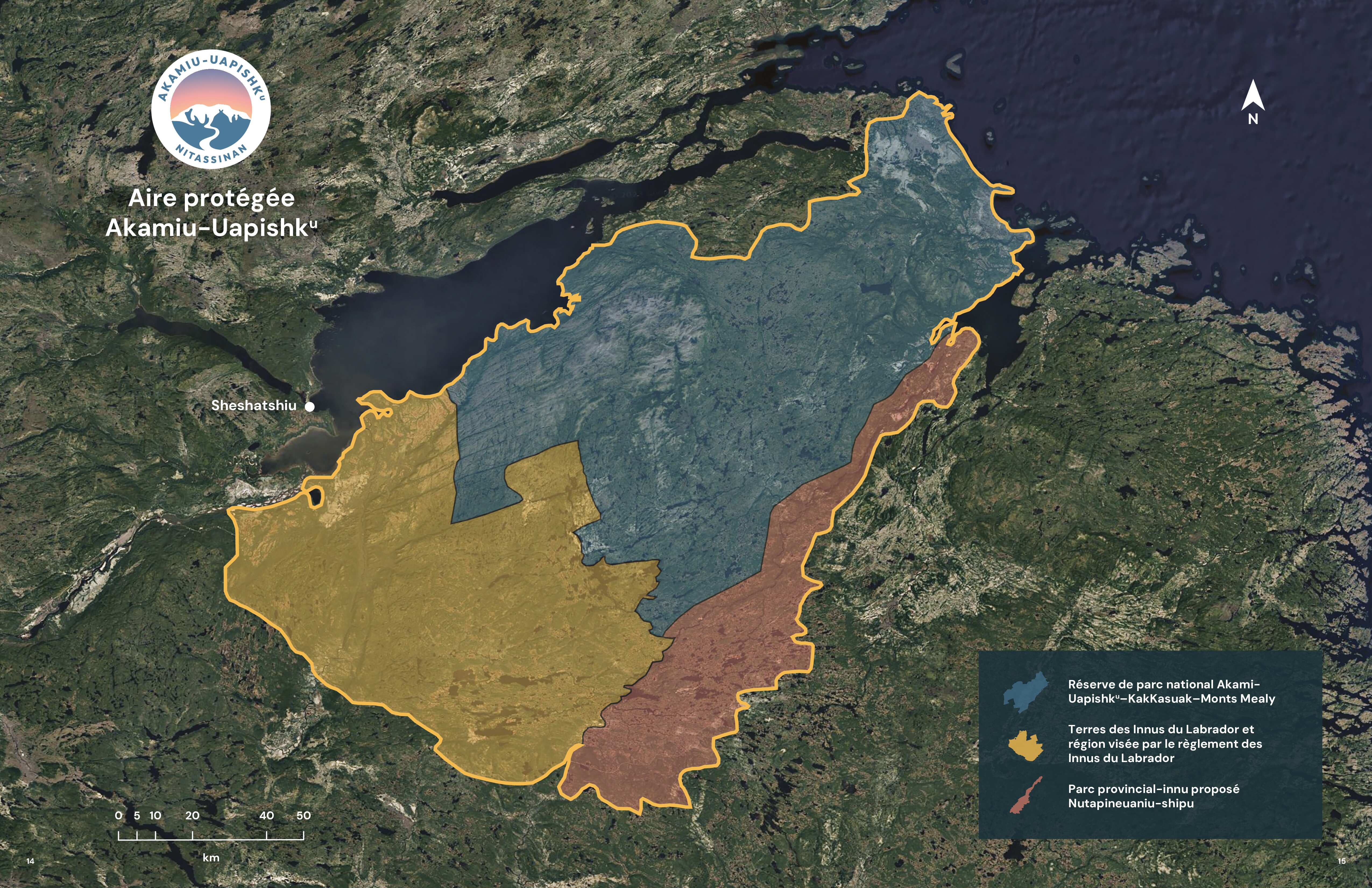 Carte de l'aire protégée Akamiu-Uapishk Innu au Labrador. Décrite ci-dessous.