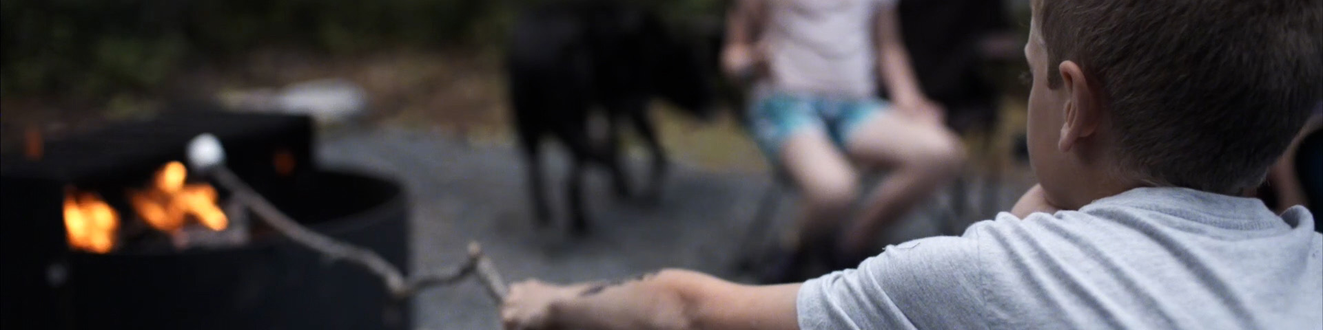 a boy roasting a marshmallow on a campfire