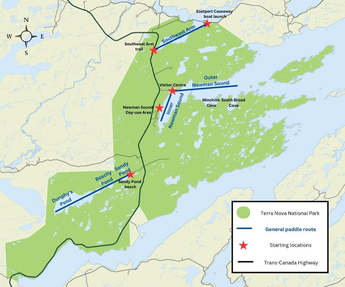 map of Terra Nova National Park outlining paddling routes