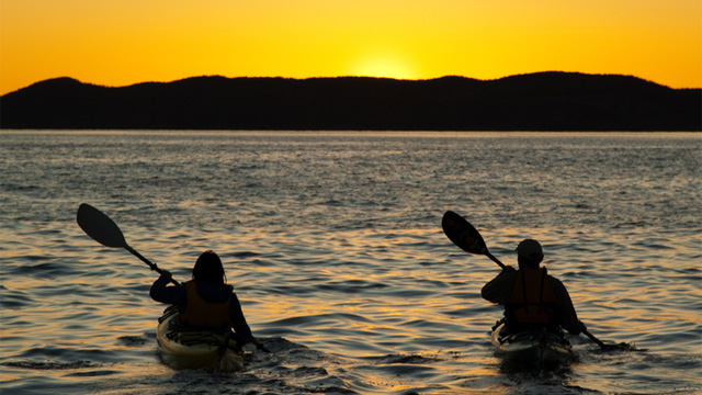 Two individuals in silhouette kayaking at sunset