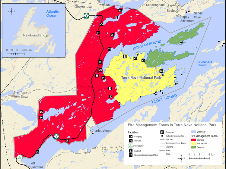 a map of Terra Nova National Park with areas outlined in different colours