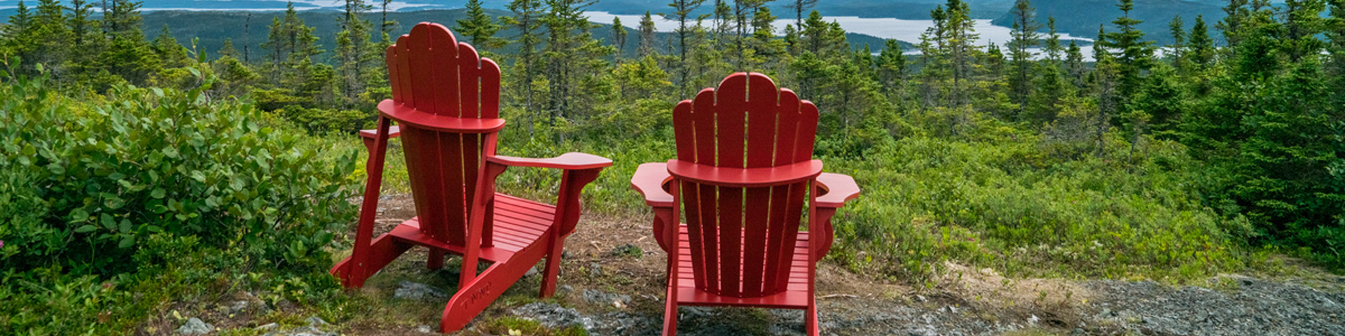 two red Adirondack chairs overlooking a forested coastal scene