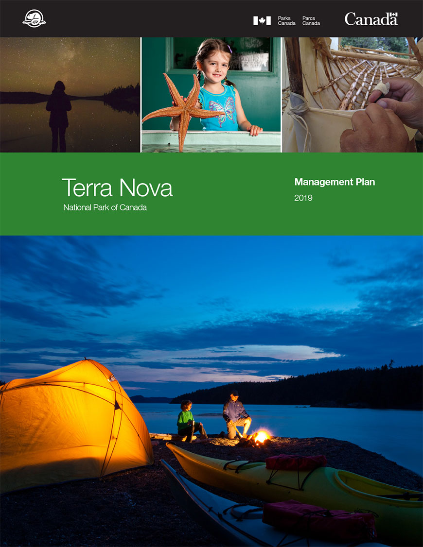 Five images: A person viewing the night sky. Child with a large starfish from the touch tank in the Visitor Centre at Terra Nova National Park. Tying canvas to a wooden frame. A green rectangle with white text that reads Terra Nova National Park of Canada management Plan 2019. Couple backcountry camping in summer at sunset on Seal Island, in Terra Nova National Park.