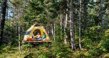 three people in a tent in the forest