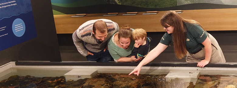 a Parks Canada employee giving a touch tank tour to a family of three