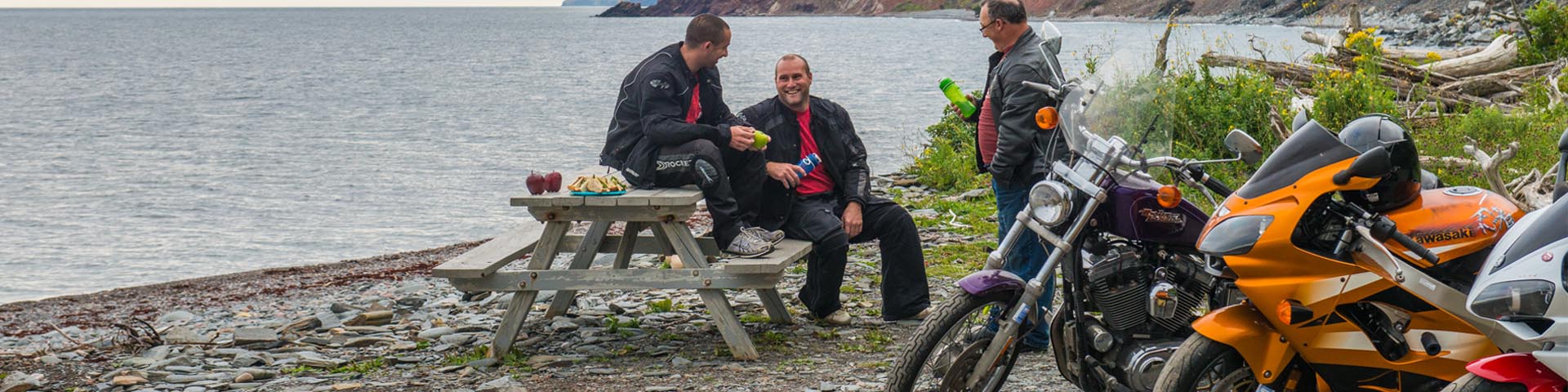 Motorcyclists taking a break at La Bloc day use area, Cape Breton Highlands National Park.