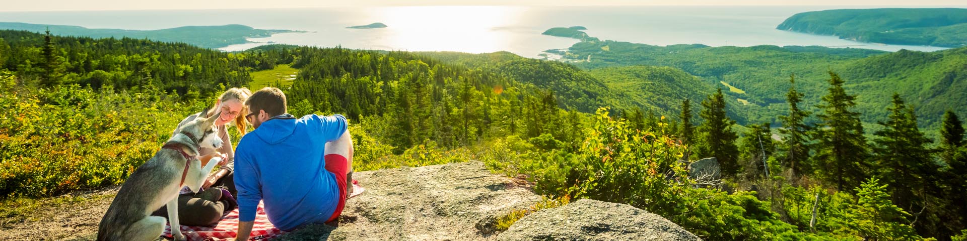 Deux personnes et un chien à un point de vue surplombant l'océan.