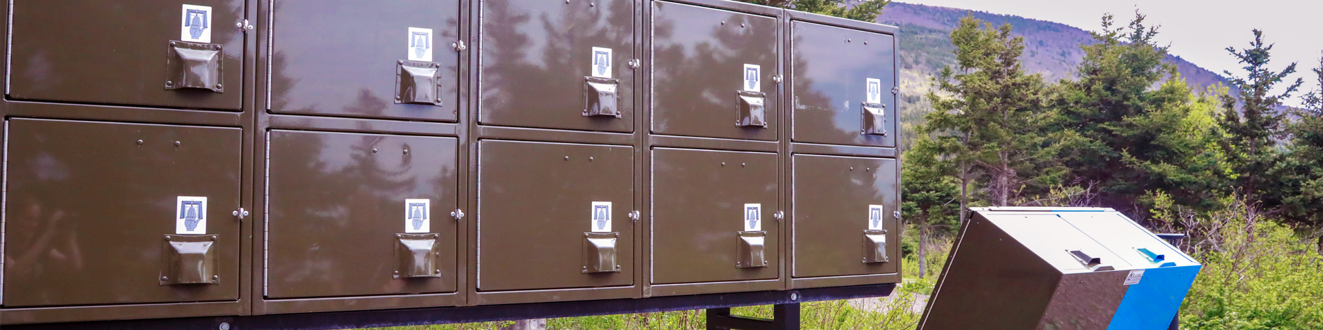 Casier à nourriture et poubelles à l'épreuve des ours dans le parc national des Hautes-Terres du Cap-Breton, garantissant la sécurité des animaux sauvages et un camping responsable.