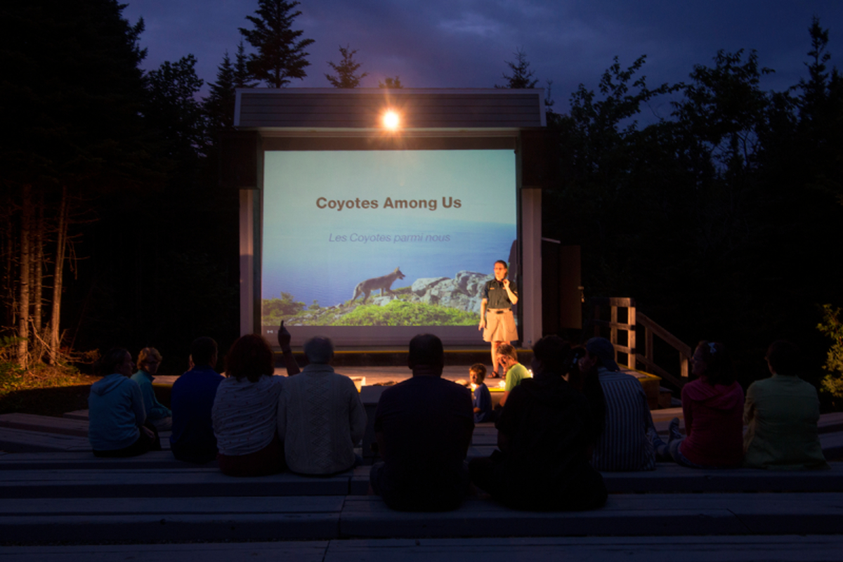 An interpreter presenting a program which is projected on a large outdoor screen.