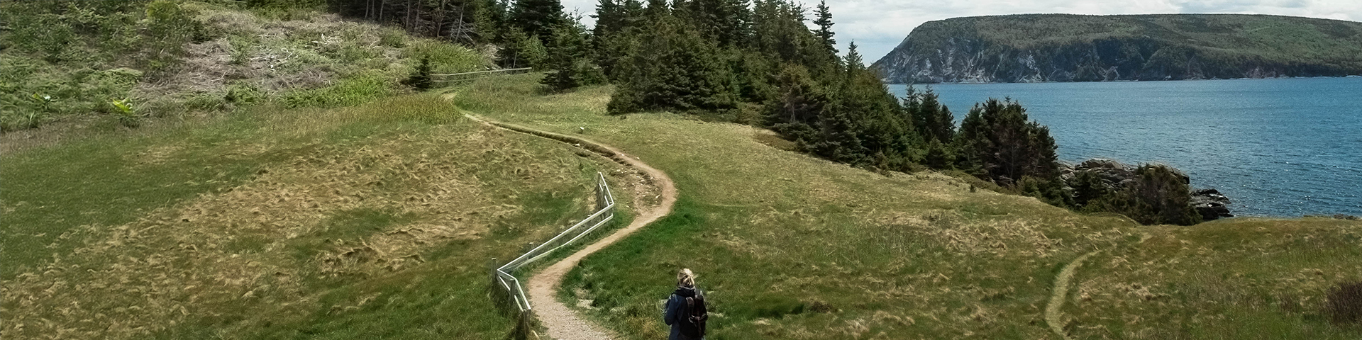 A person walking along a trail near the ocean.