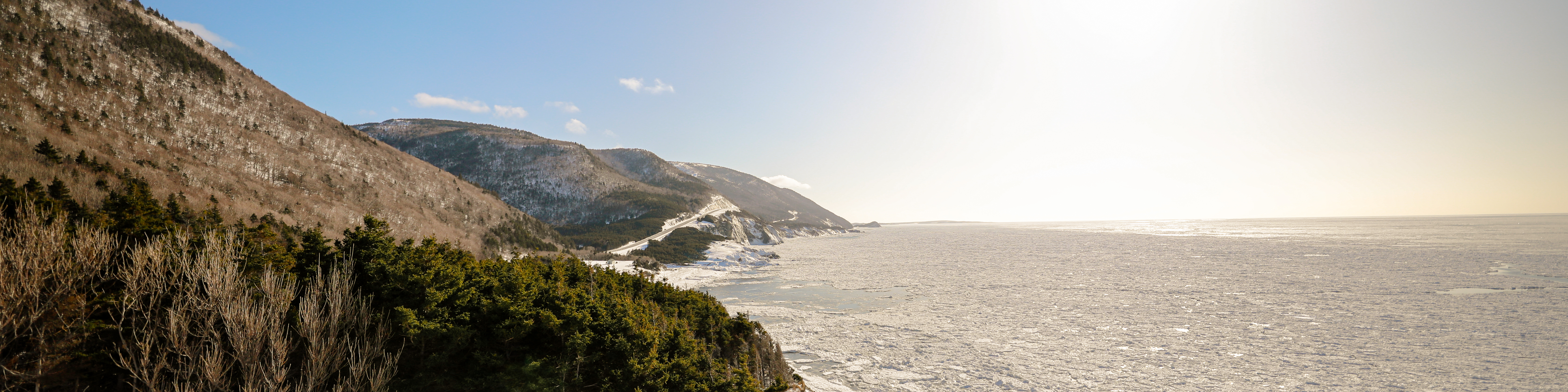 A view of the Cape Breton Highlands National Park looking along the coastline in the winter.
