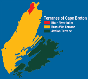 A map of current-day Cape Breton showing the location of the Blair River Complex, Bras D'Or and Avalon Terranes.