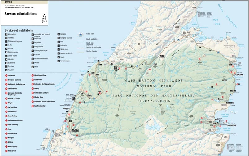 Carte 2 : Services et installations destinés aux visiteurs dans le parc national des Hautes-Terres-du-Cap-Breton - La version textuelle suit.
