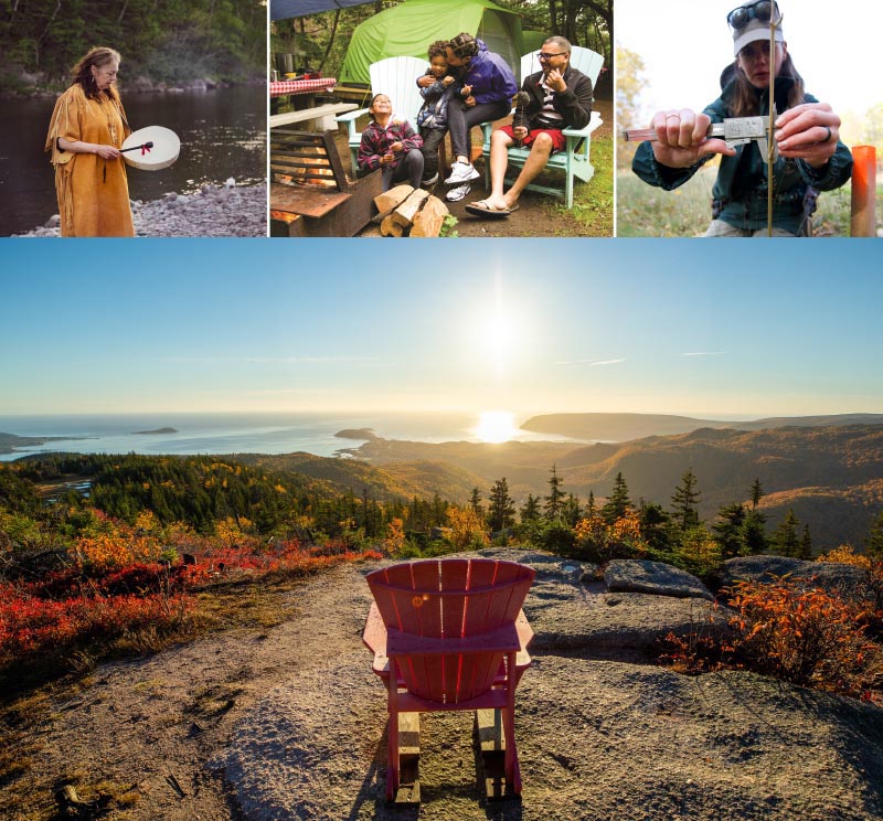 Quatre images - Une femme avec un tambour à main, une famille qui cuisine sur un feu de camp, un employé de Parcs Canada en train de travailler sur le terrain, une chaise rouge avec vue sur l'océan.