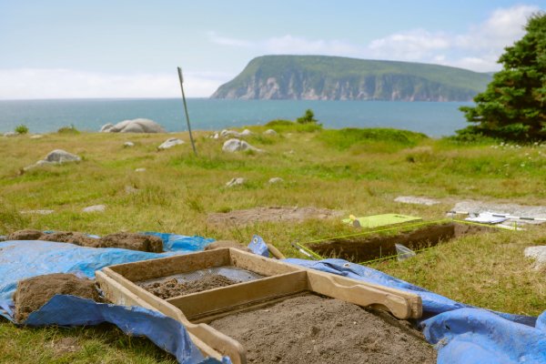 An archaeology screen placed on a mound of dirt near an open test pit.