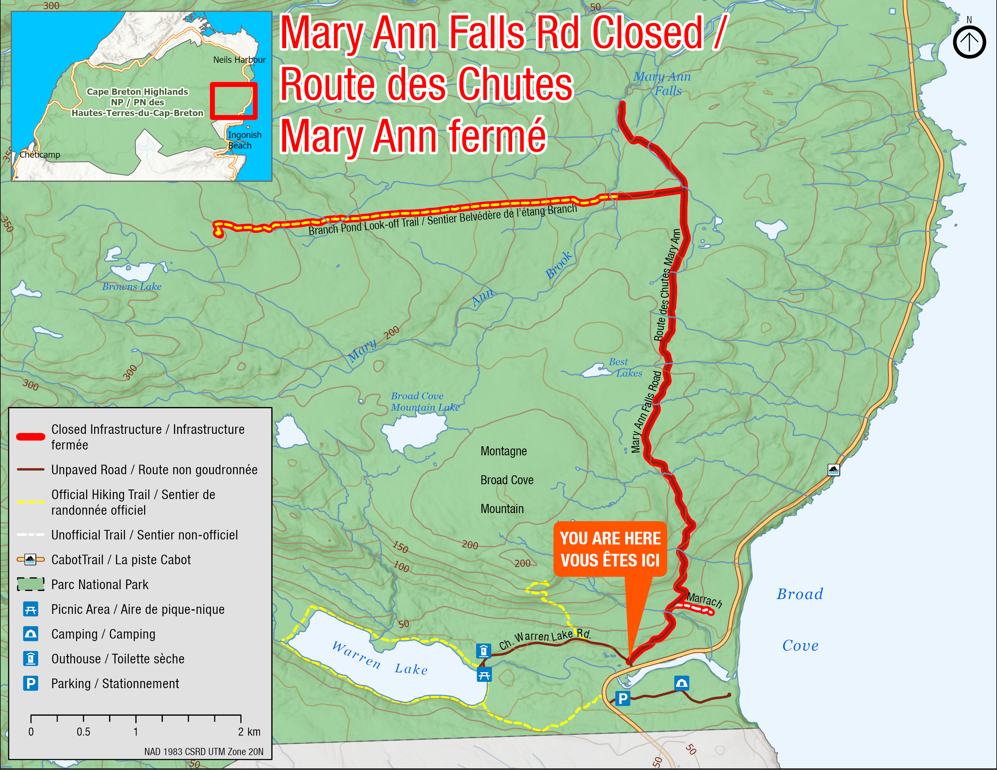 Carte : fermeture temporaire – chemin chutes Mary Ann