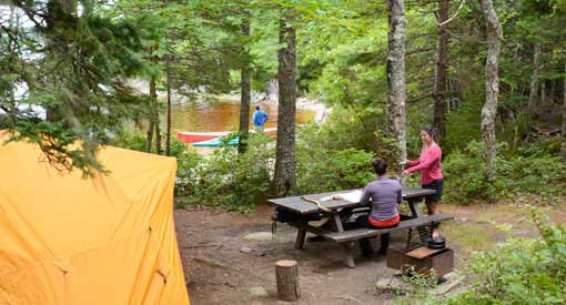 Two campers enjoy a backcountry campsite surrounded by trees with a view of the lake and another camper tending to a canoe and a kayak. The campsite includes a picnic table and a fire pit. 