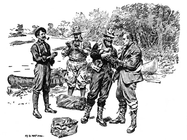 Drawing of four men and a canoe from the book The Tent Dwellers