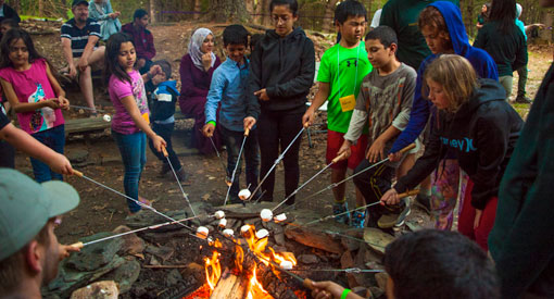 Un groupe d’enfants fait rôtir des guimauves sur un feu de camp.