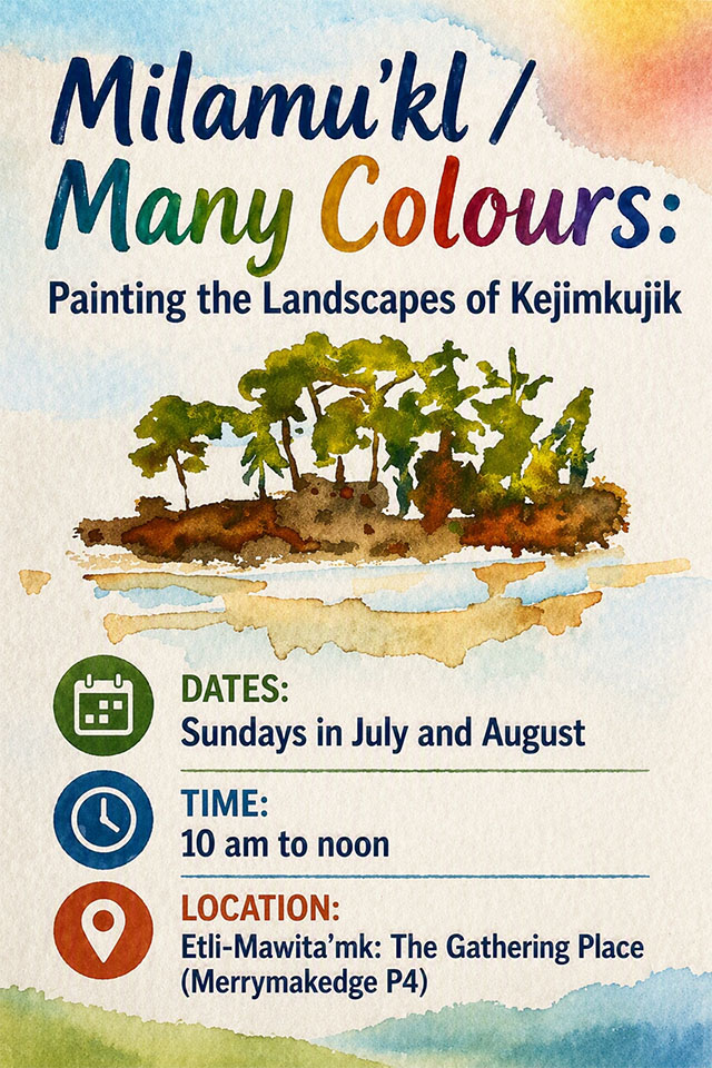 Poster with program details and a watercolour painting of an island.