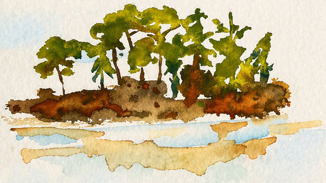 Une aquarelle représentant une île.