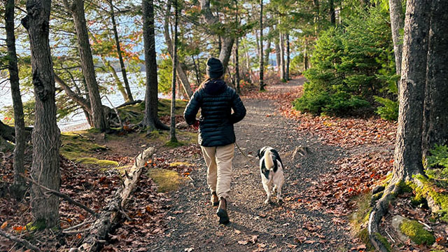 A hiker walking with a dog on leash