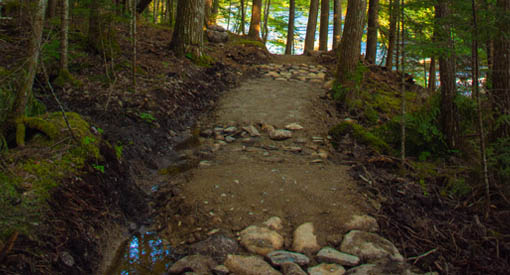 Photo showing a rock crossing which is a cluster of rocks embedded in the dirt trail bed.