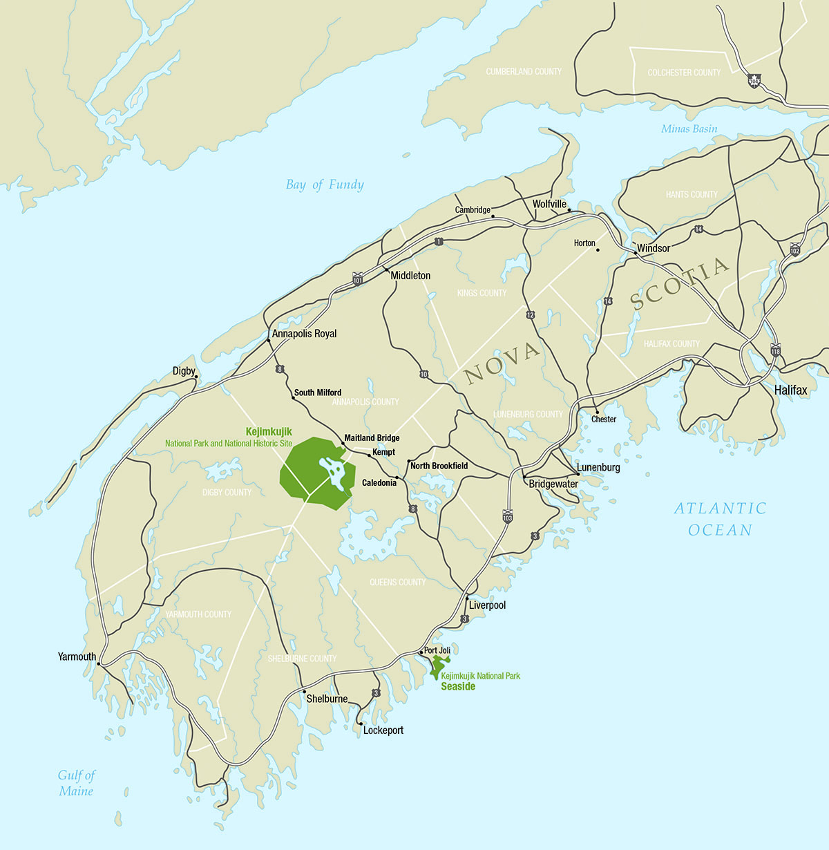 Map of Southern Nova Scotia shows the main highways to Kejimkujik National Park and National Historic Site and Kejimkujik Seaside.