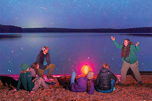 Active people around a campfire under a starry sky.