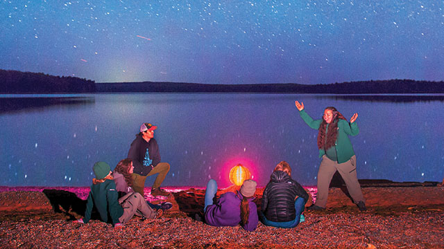 Des personnes actives autour d'un feu de camp sous un ciel étoilé.