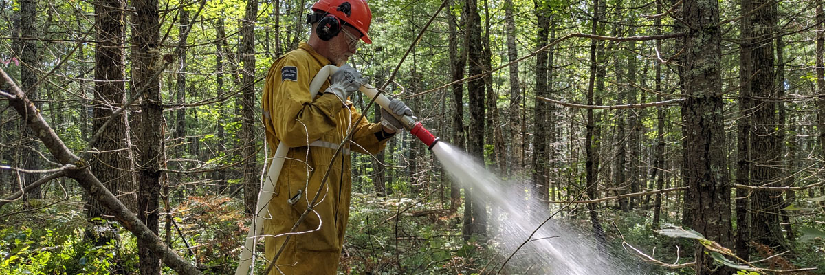 Parks Canada fire team member sprays a hose.