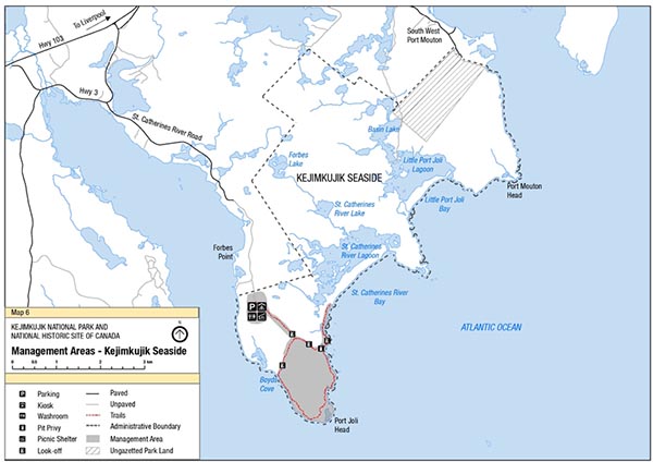 Map 6: Kejimkujik Seaside Management Areas — text version follows.