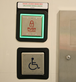 Two accessible push-buttons to open and lock doors. 