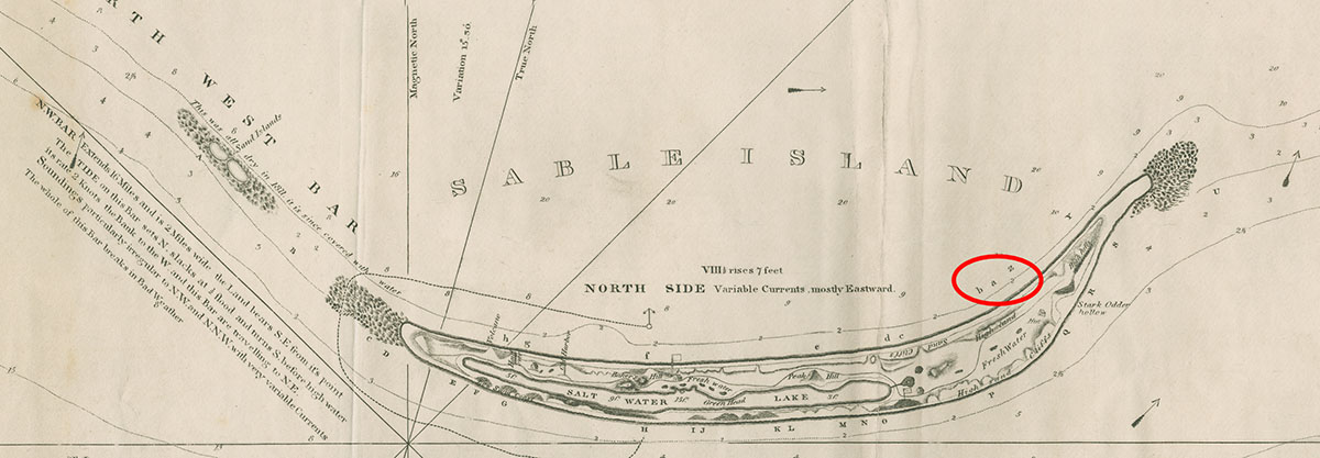 An historic map of Sable Island shows the HMS Barbadoes wreck site located near the North Beach circled in red; the island’s shape and size changed between 1812 and 2025.
