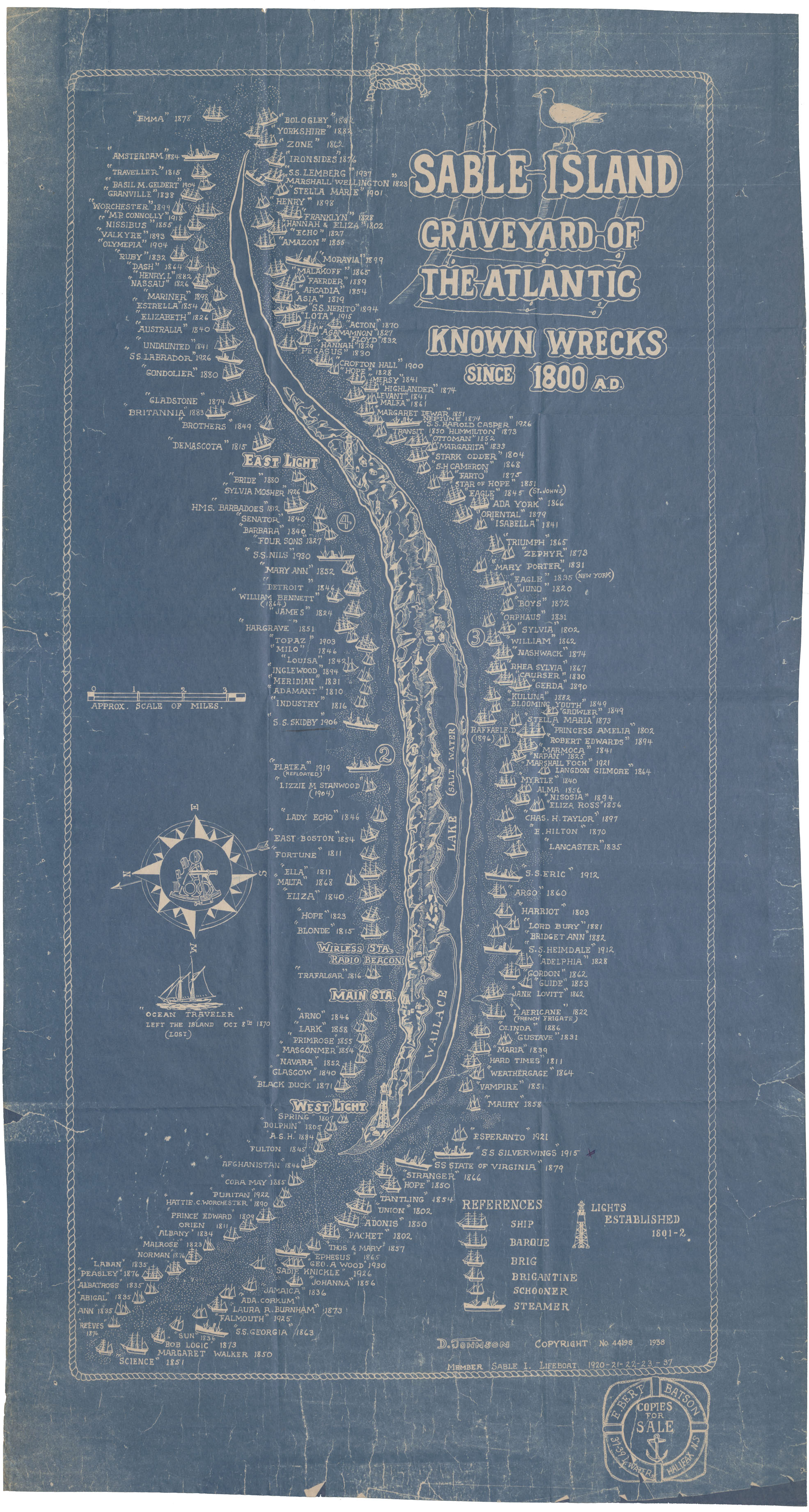 Hand-drawn map showing many shipwrecks around Sable Island.