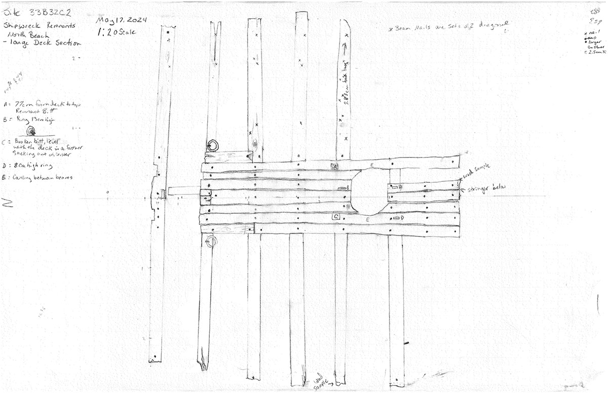 A drawing showing a 1:20 scale drawing of all the visible wood and metal parts of the wreck section.