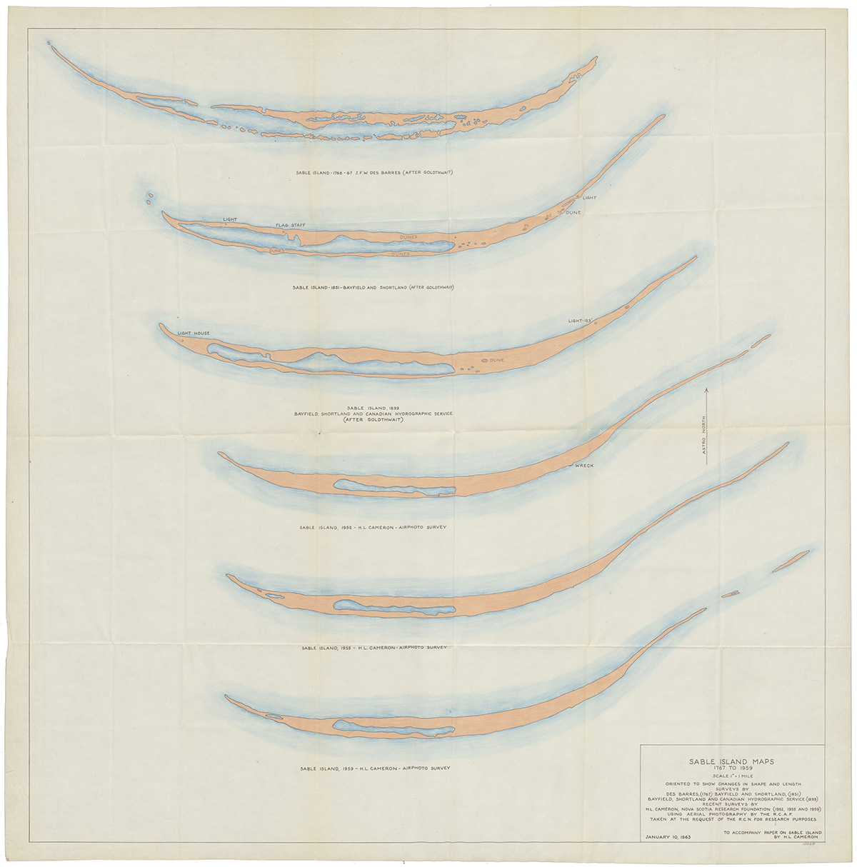 Six maps of Sable Island from 1767 to 1959 show the island shifting east and Lake Wallace shrinking.
