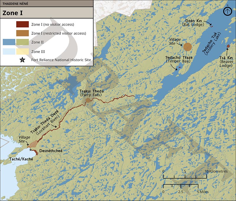 Map 2: Zone I Desnéthcheé, Dzén Kı́n, Tsá Kı́n, Island in Ɂedacho Tł’ázı̨, Taché /Kaché Village Site, Ɂedacho Tł’ázı̨ Village Site, and Tsąkuı Thedá Dezé , text description follows